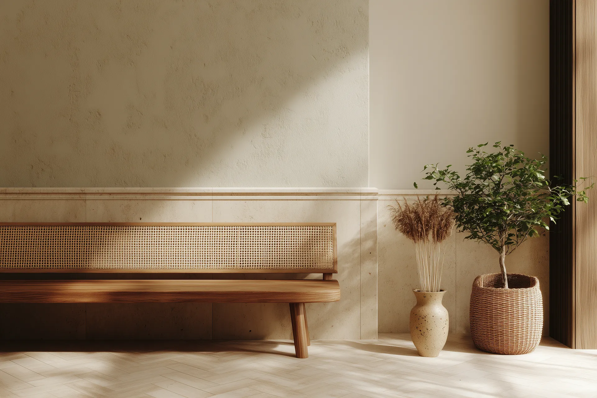 Warm hotel entrance with woven baskets and plants