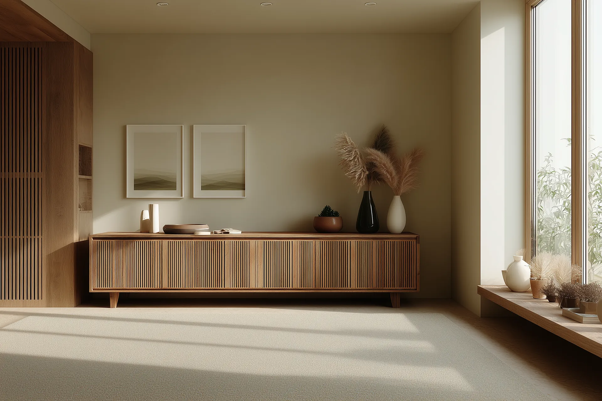 Minimalist room with wooden credenza and art