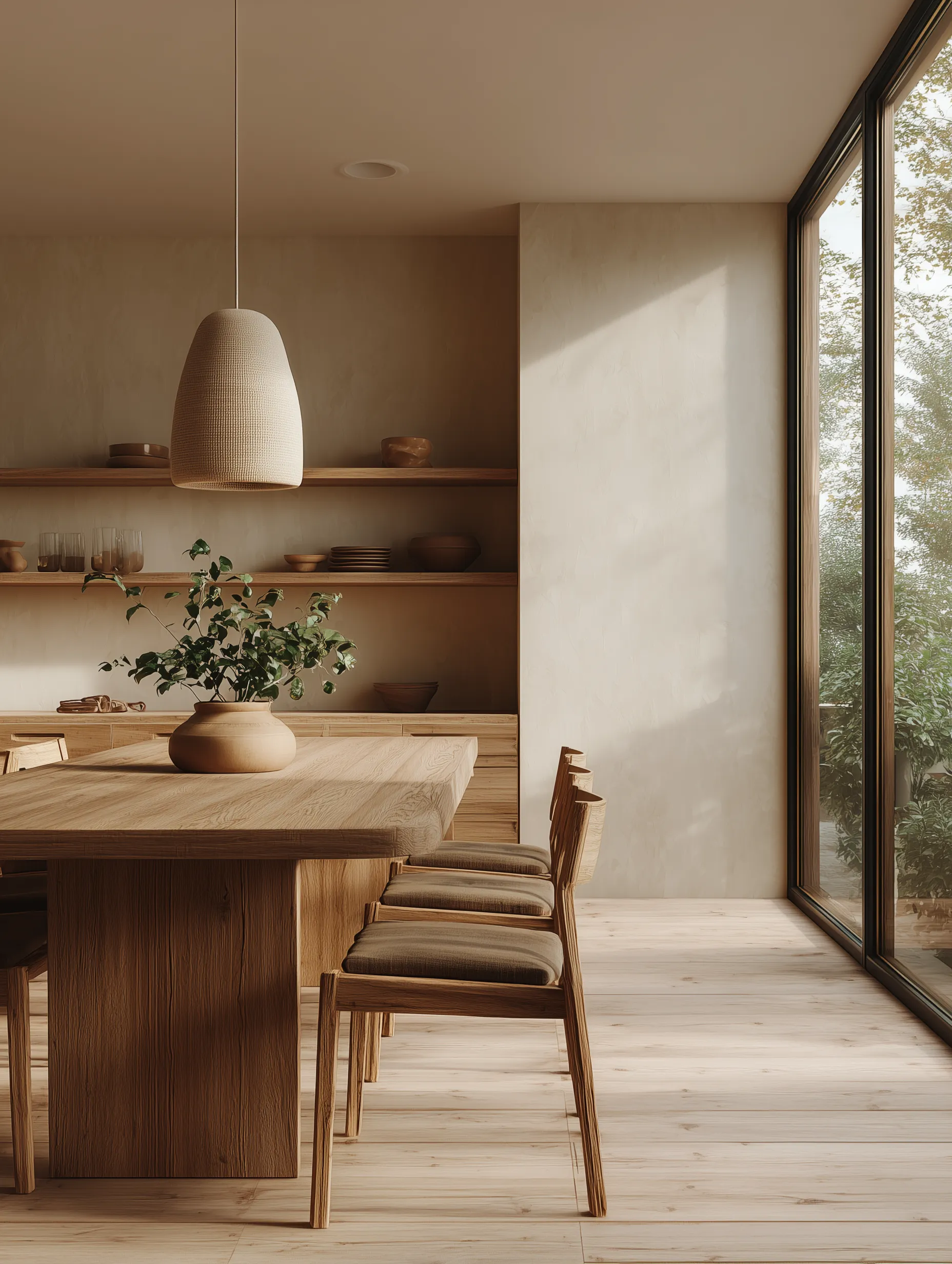 Warm dining room with wooden table and pendant light