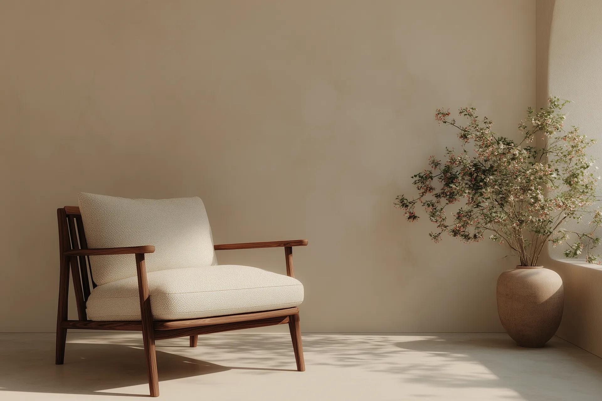 Elegant armchair in warm-toned room with plants