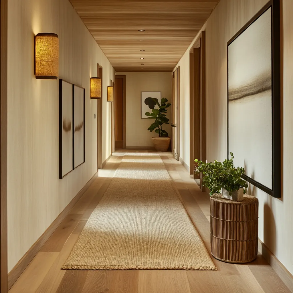 Hotel hallway with warm lighting and natural textures