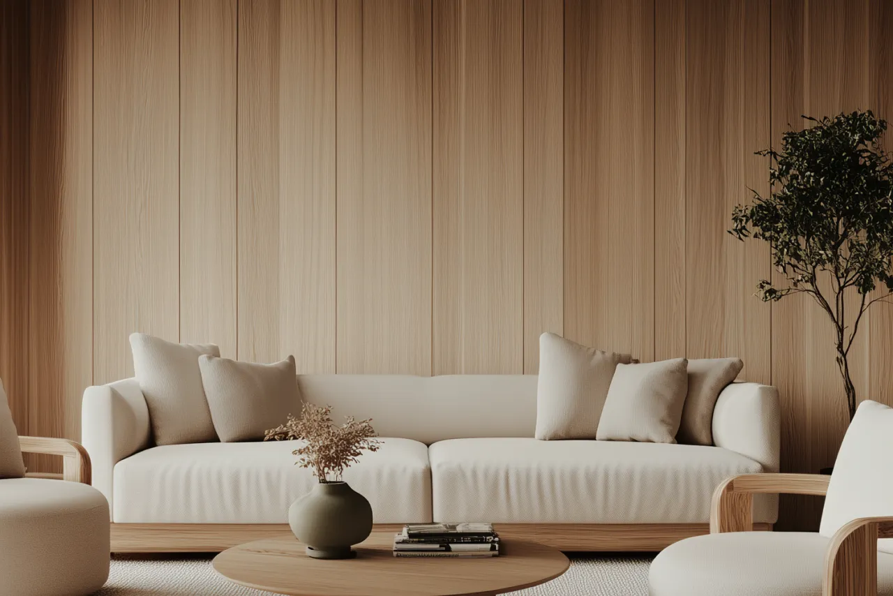 Elegant hotel living room with cream sofa and wood panel walls